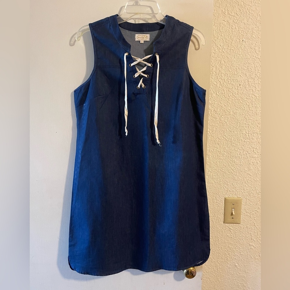 Mud Pie Womens Small Denim Lace Up Shift Dress Sleeveless Dark Wash Blue Tunic‎